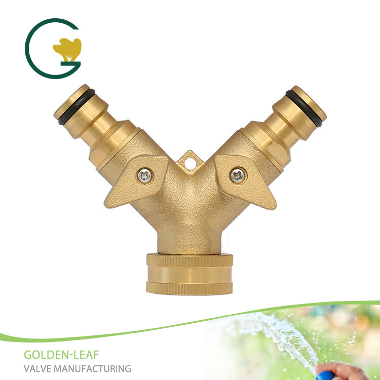 Injap Tembaga Berat dari Logam 2 Way Y Valve Garden Hose Quick Connector Tap Splitter